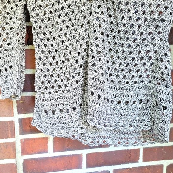 Gray Cardigan Crochet Open Knit Sweater Pursuits PS Petite - Picture 3 of 5